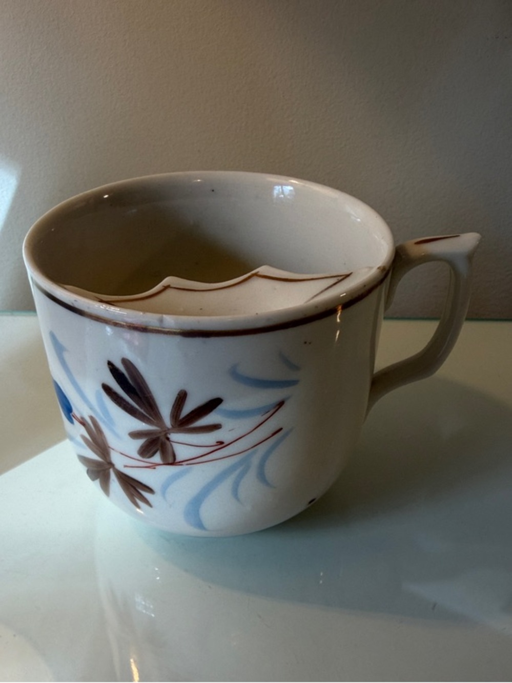 Vintage Floral Ceramic moustache shaving mug- Blue and Brown floral numbered